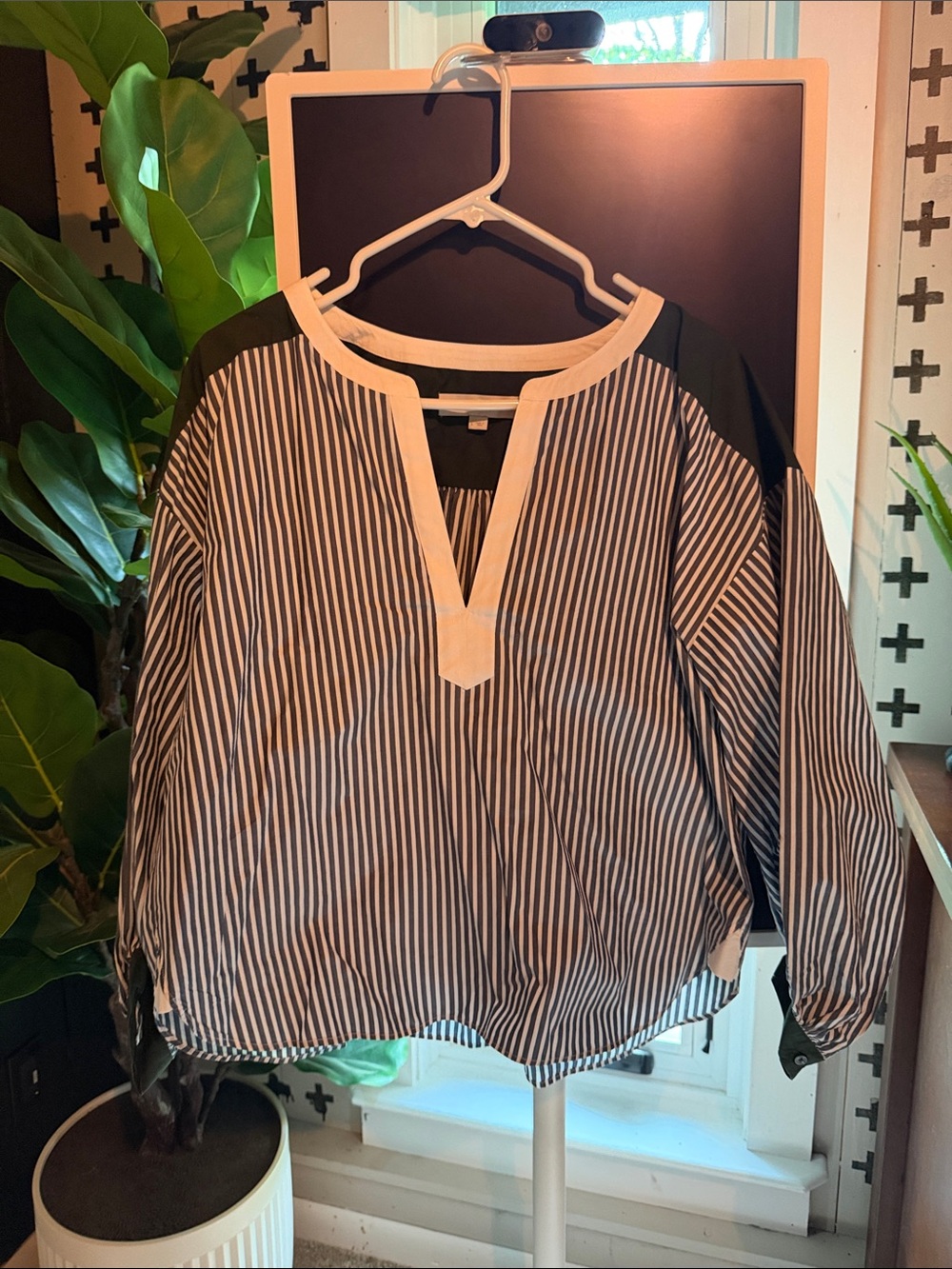 LOFT Blue and White Striped V-Notch Tunic with Green Shoulder Panels